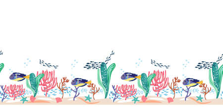 Aquarium with blue tang fish, starfish, shell and corals. Seamless horizontal pattern with fishes and underwater items on white background. For textile, cards, design surfaces, packaging.のイラスト素材