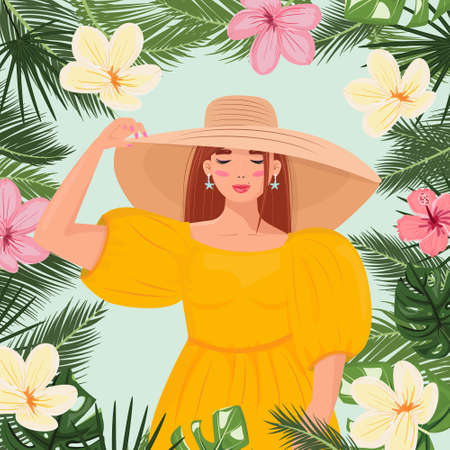 Beautiful young woman with a big hat enjoying tropics. Relax, travel, leisure concept illustration with a girl in flat cartoon style. For cards, posters, backgrounds, prints.のイラスト素材