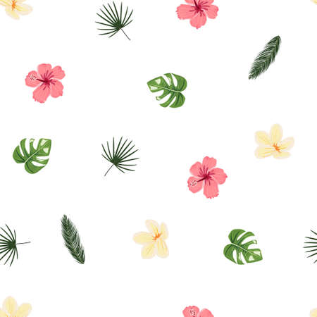 Seamless pattern with tropical flowers and leaves on white background. Hibiscus and plumeria. For...
