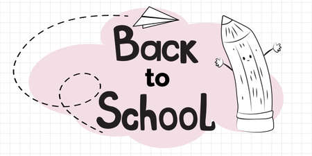 Back to school illustration with a blackboard, cute pencil and paper plane. Cartoon flat outline style illustration. Education background, banner.のイラスト素材