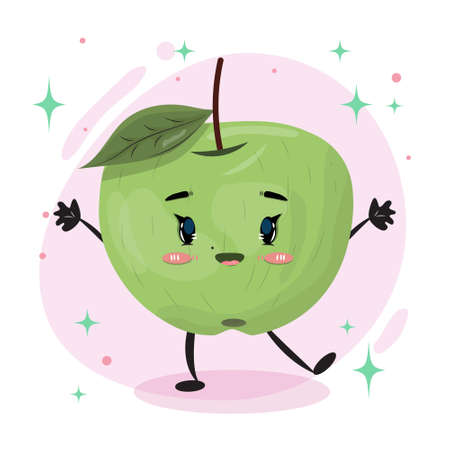 Cute green apple dancing and smiling. Happy green apple in flat cartoon style.のイラスト素材