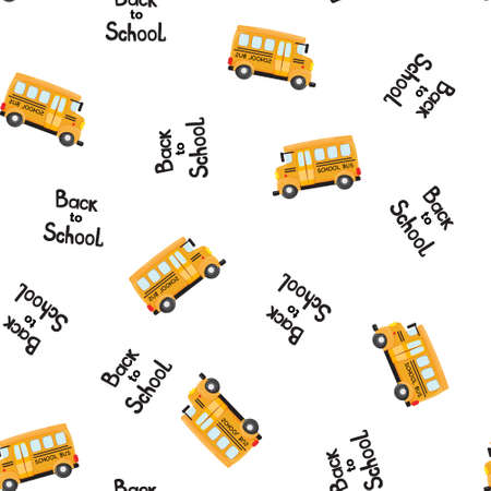 Yellow schools buses with hand drawn text. Back to school illustration. Back to school seamless pattern with school buses and text on white back ground. Education background.のイラスト素材
