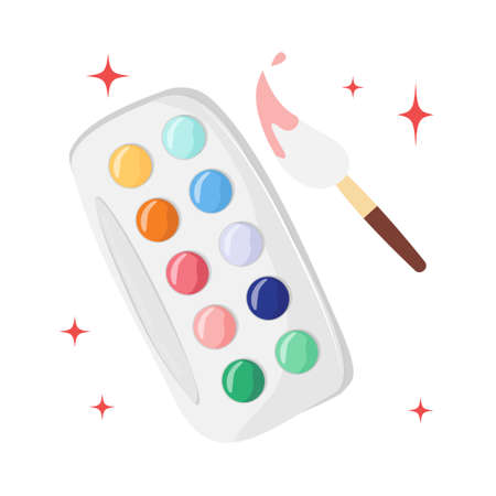 Watercolour pallet  with brush and sparks on white background.のイラスト素材
