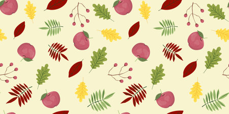 Garden botanical wallpaper. Autumn seamless pattern with apples and leaves. For textile, wrapping paper, packaging.のイラスト素材