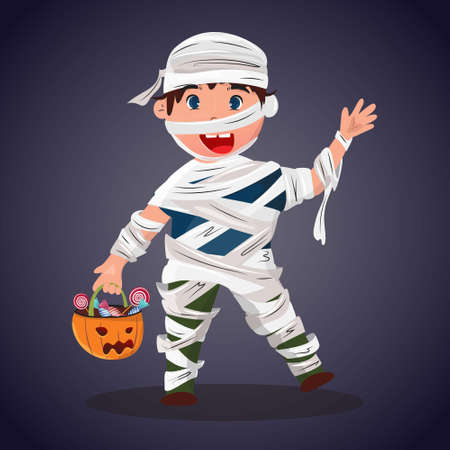 Halloween illustration with a boy dressed as a mummy and holding pumpkin with sweets. Happy Halloween illustration. Funny cartoon character.のイラスト素材