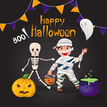 Halloween flat illustration with a boy dressed as a mummy and skeleton. Cute halloween night illustration on black background.のイラスト素材