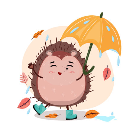 Hedgehog with umbrella. Autumn cartoon illustration with a hedgehog holding an umbrella and enjoying the rain.Decorative border. Vector illustration.のイラスト素材