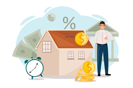 Man with a big coin, saving money for buying a house. Young man investing in the real estate. Real estate, home, property, mortgage loan concept illustration.のイラスト素材
