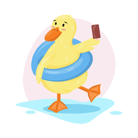Cartoon illustration with cute yellow duck eating chocolate ice cream. Duck in the swimming ring. Summer cartoon illustration of the duck.のイラスト素材