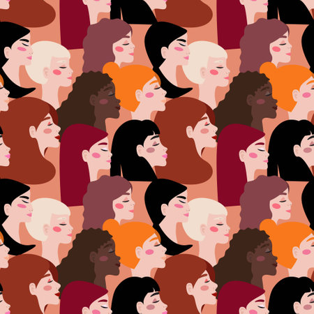 Background with diverse women faces in flat boho style. Seamless pattern with beautiful female face profiles of different ethnicity. For textile, paper, print, backgrounds, packaging.のイラスト素材