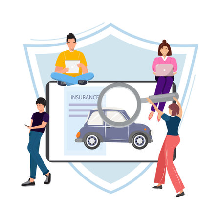Car insurance with people searching a right insurance company. Online insurance for the car. People with their devices. Car insurance, protection, car rental, damage concept illustration with people.のイラスト素材