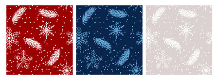 Collection of seamless patterns with snowflakes and pine branches on blue, red and beige...