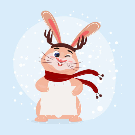 Cute bunny holding a blank paper in the snow. Winter illustration with a adorable bunny. For cards, advertisements, posters, invitations, wishes. Cute winter character design in flat cartoon style.のイラスト素材