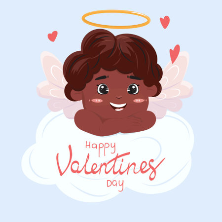 Happy Valentines day card with a cute black cupid laying on the cloud. Adorable cupid on the cloud. Template for banners, posters, cards, advertisements, vouchers.のイラスト素材