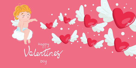 Banner with a cute happy kissing cupid sitting on the cloud. Happy Valentine's Day. Template for banners, cards, web advertisements, backgrounds.のイラスト素材