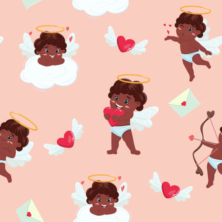 Seamless pattern with cute black cupid characters, envelope and hearts on pink background. For textile, packaging, paper, wrapping, prints. Vector seamless pattern.のイラスト素材