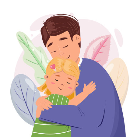 Happy father and daughter embracing. Happy Fathers day. Little girl embracing dad. Happy family dayのイラスト素材