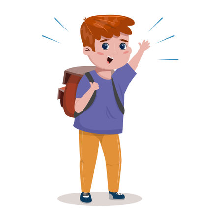 Cartoon character school boy standing and greeting. School education. Cute flat cartoon illustration of a school boy.のイラスト素材