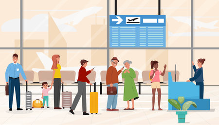 Vector illustration of people standing and waiting in the line at the airport.のイラスト素材
