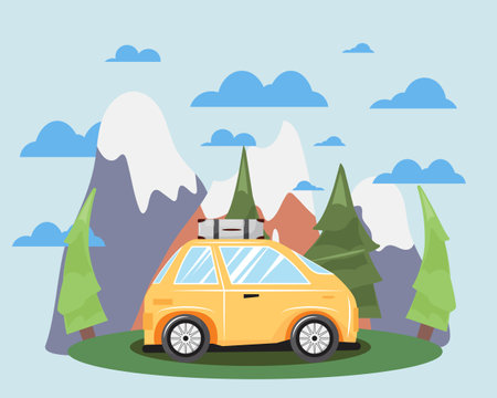 Illustration of a car next to hills, trees and clouds on the background.  Mountain travel adventure.のイラスト素材