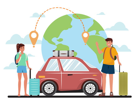 Illustration of a couple getting ready for road trip. Vacation, travel, trip, destination, road trip concept illustration. &#xA;のイラスト素材