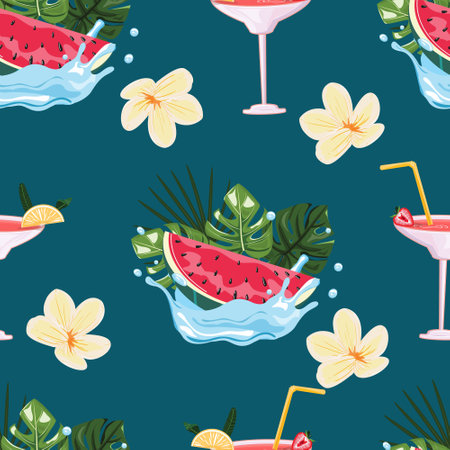Seamless pattern with watermelon in the water splashes and leaves on the background. Cocktail,...