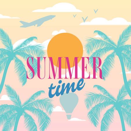 Summer time poster with palms, sun, sky, airplane and birds. Template for card, posters, advertisements.&#xA;のイラスト素材