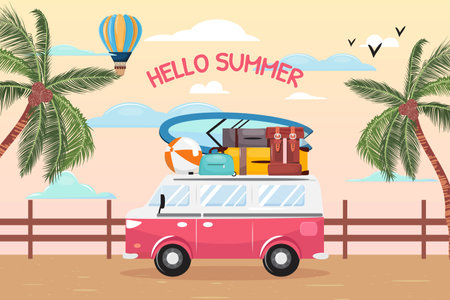 Summer time poster with a minivan and luggage on top moving on the bridge and passing palms. For posters, cards, prints, advertisements. &#xA;のイラスト素材