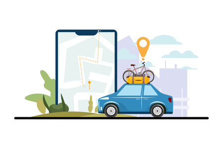Blue car with suitcas and bicycles on top moving. Big cellphone with a map and destination on the background. Travel, application, adventure, vacation planning concept illustration with a minivan.のイラスト素材