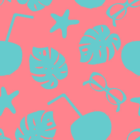 Seamless pattern with monstera leaves, starfish, sunglasses silhouette on pink background. For...