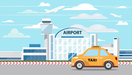 Flat illustration of taxi car on the road and airport building on the background.のイラスト素材