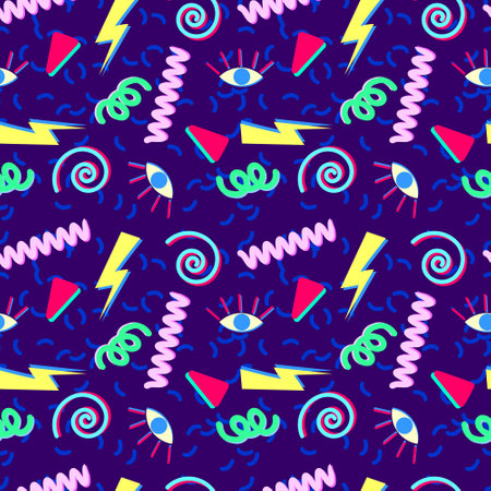 Seamless pattern with different geometric elements on purple background. Fashion, seamless pattern in hipster style of  80s-90s.のイラスト素材