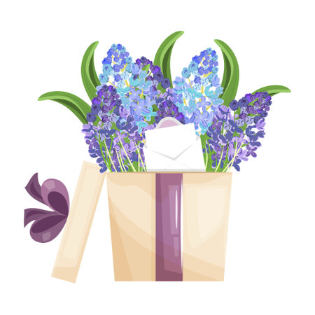 Beautiful illustration with a box filled by lilac flowers and envelope inside. For cards, banner, background, stickers and any design purposes.のイラスト素材