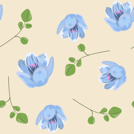 Seamless pattern with blue flowers and leaves. For textile, paper, wrapping paper, packaging.&#xA;のイラスト素材