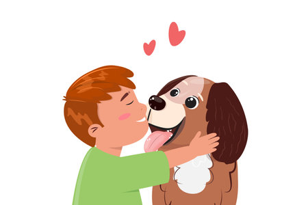 Cute cartoon illustration with a boy hugging his friend dog. Friendship, care, love between human and pet concept illustration.のイラスト素材