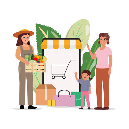 Flat cartoon illustration of a woman with a girl getting the box filled with organic vegetables from the female farmer.のイラスト素材
