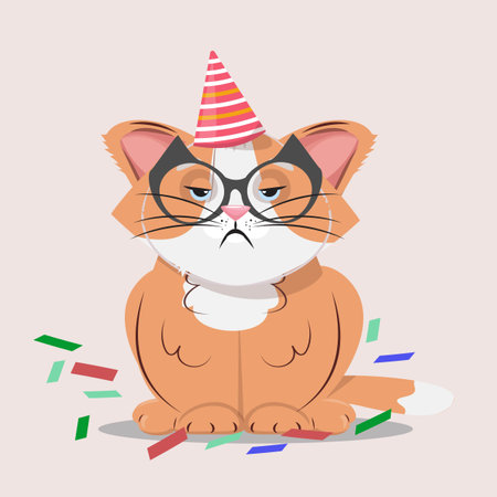 Cartoon illustration of a grumpy old cat with glasses. Cat is annoyed because of the birthday celebration.のイラスト素材