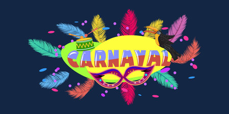 Vibrant template for Brazilian carnival with toucan and drums. For poster, cards, banners, advertisements.のイラスト素材