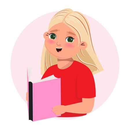 Cute little girl with a pink book. School, study, education, literature, reading conceptのイラスト素材