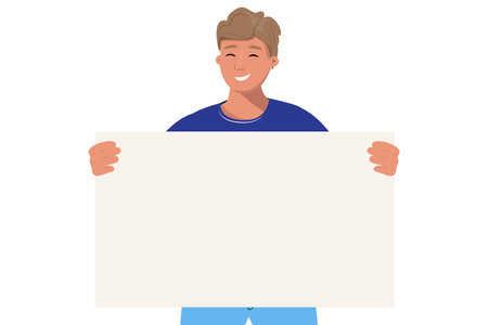 Man holding an empty paper sheet on white background. Template for banners, poster, flyers, web advertisementのイラスト素材