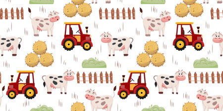 Vector seamless pattern with a cow, tractor, bush, fence and hay on white background. For textile, wrapping paper, packaging.のイラスト素材
