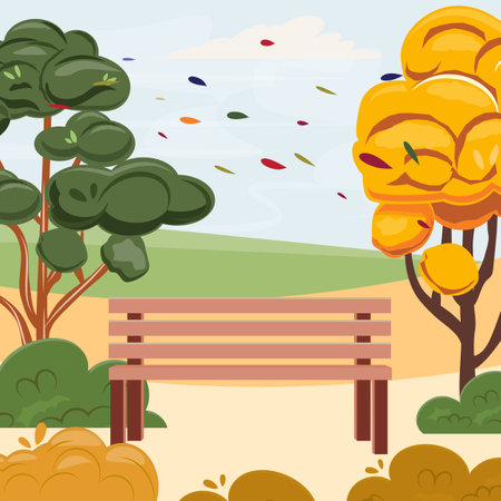 Golden autumn illustration with trees and wooden bench in the middle. For banners, cards, advertisementsのイラスト素材
