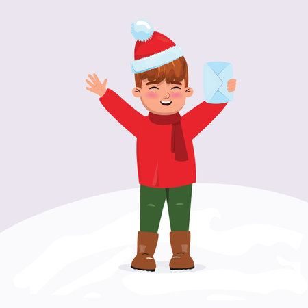 Cute cartoon illustration of a boy sending a letter with his wishes to Santa Claus. Winter holiday bannerのイラスト素材