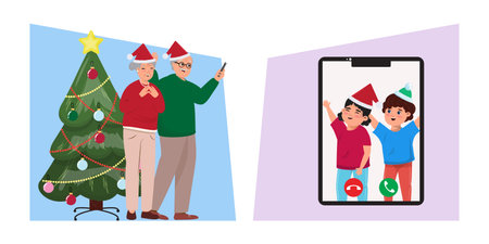 Christmas illustration with grandparents standing next to the Christmas tree and video calling via cell phone their grandchildren at Christmasのイラスト素材