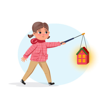 Cute little girl wearing a pink jacket and walking with a lantern. St. Martin dayのイラスト素材