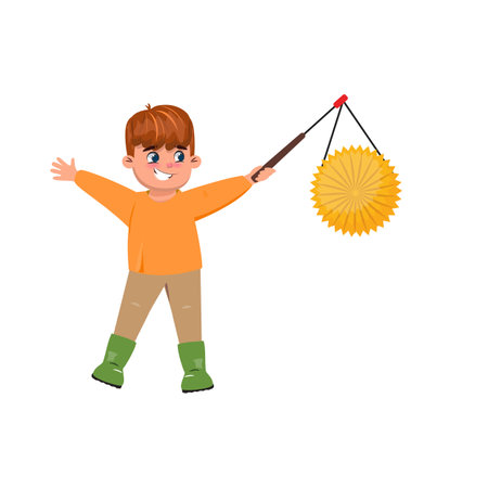 Flat vector illustration of a happy cute boy holding a lantern and celebrating Saint Martin day. Saint Martin tourのイラスト素材