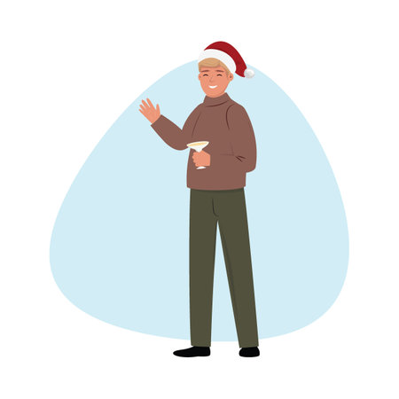 Happy man wearing a Santa Claus cap and drinking alcohol. Christmas illustrationのイラスト素材