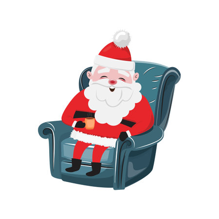 Happy festive illustration of Santa Claus with a hot beverage sitting in the armchair and taking a breakのイラスト素材