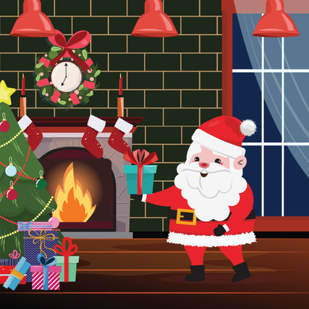 Cartoon illustration of Santa Claus carrying a gift box and putting it under the Christmas treeのイラスト素材