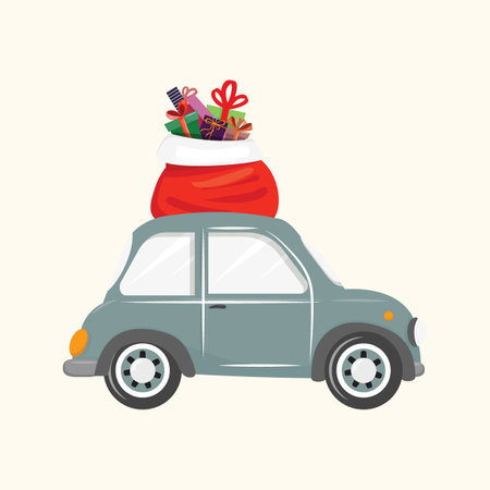 Cartoon illustration of an old grey car transporting a Santa Claus sack filled with gifts. Winter holiday illustrationのイラスト素材